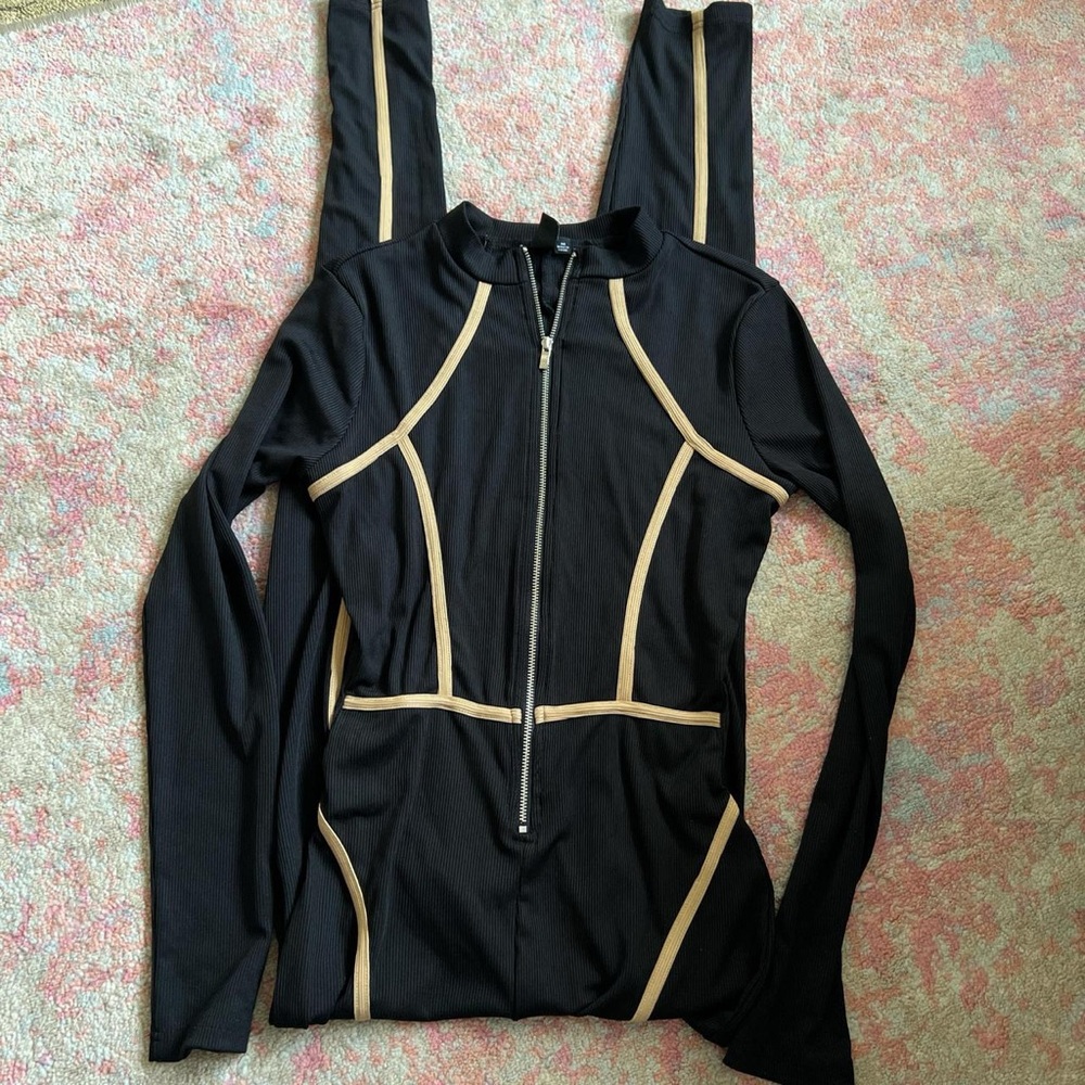 Windsor Black and Gold Long Sleeve Zippered Bodysuit